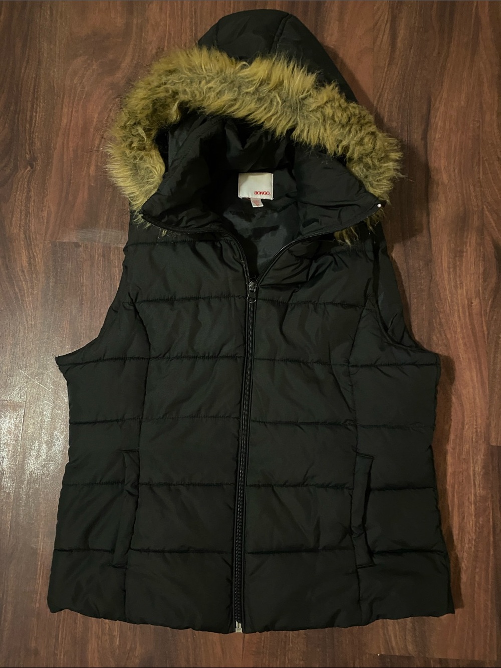BONGO Black Quilted Hooded Puffer Vest with Faux Fur Trim